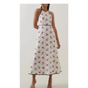 Oroton NWT Halter Neck White Dress with Red Floral Print